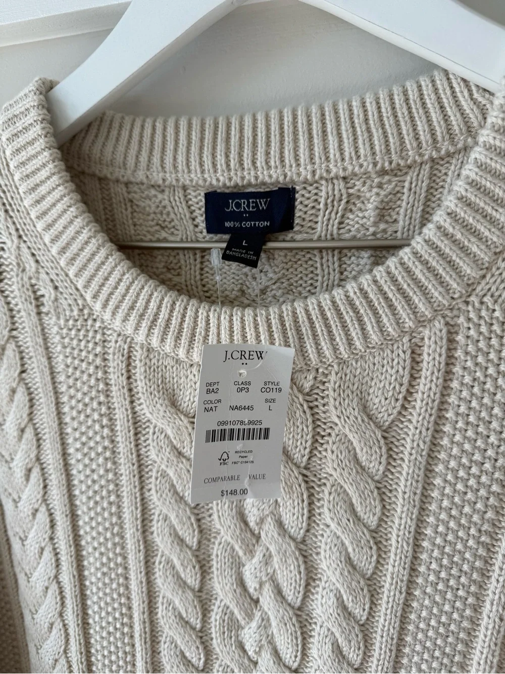 NWT J.Crew Fisherman cable crewneck sweater Size L